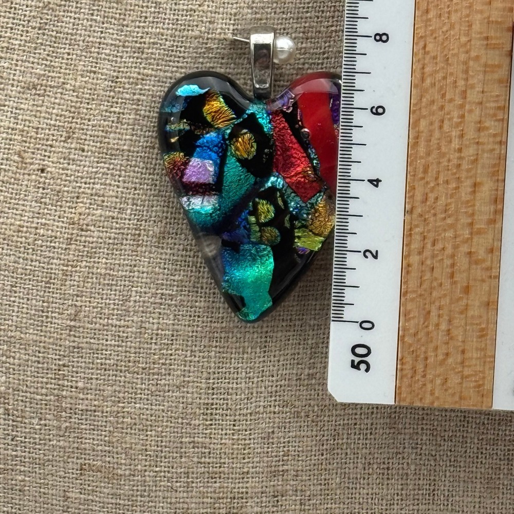 Handmade Dichroic Glass Heart Pendant Multi Color Shimmer Mosaic Art Glass Black - Picture 3 of 3
